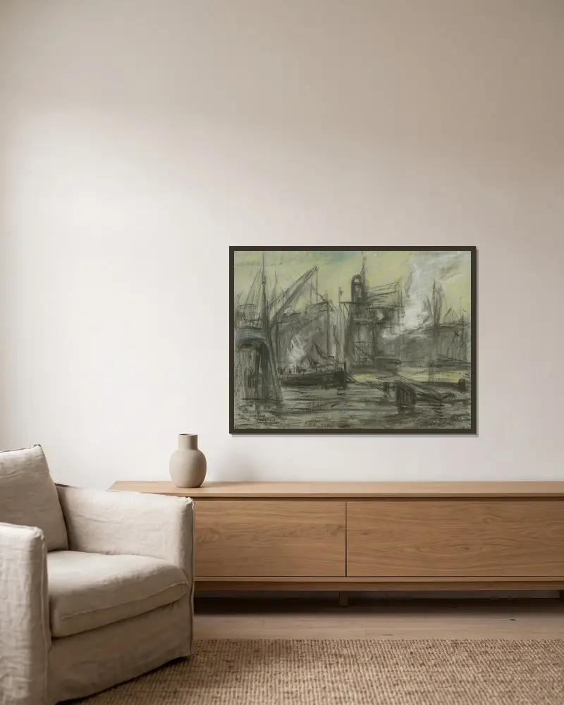 Haventafereel met een kraan, graanzuiger en schepen av Eugeen Van Mieghem inramad på en vägg