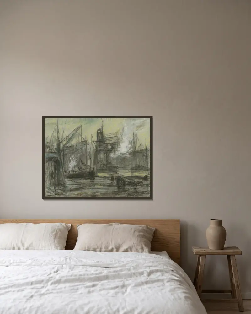 Haventafereel met een kraan, graanzuiger en schepen av Eugeen Van Mieghem inramad på en vägg