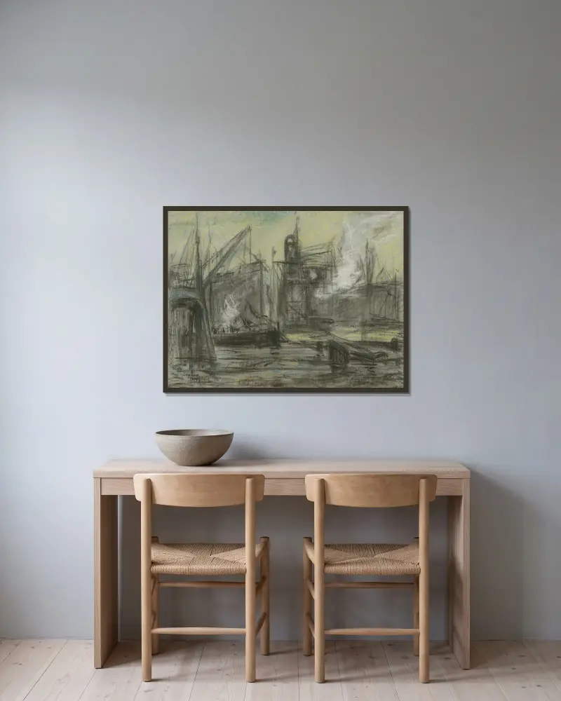 Haventafereel met een kraan, graanzuiger en schepen av Eugeen Van Mieghem inramad på en vägg
