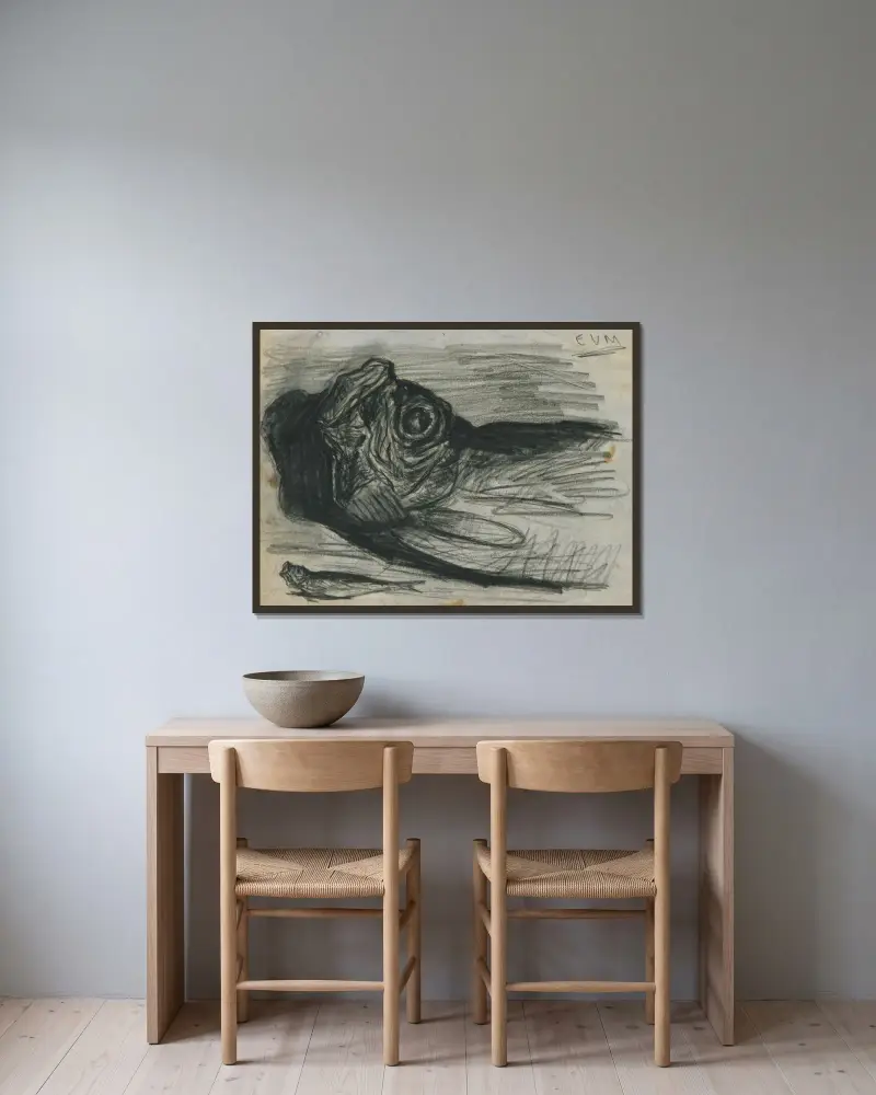 Huvud av fisk med en annan liten fisk bredvid av Eugeen Van Mieghem inramad på en vägg