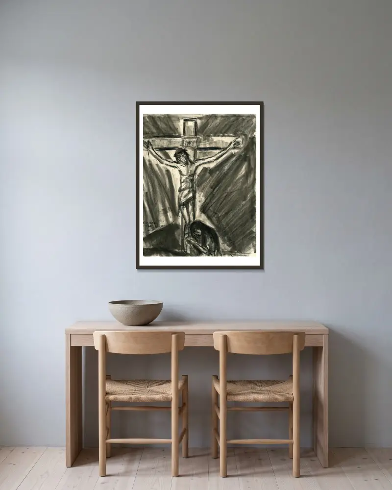 Jesus på korset, med en bedjande kvinna till höger under korset av Eugeen Van Mieghem inramad på en vägg