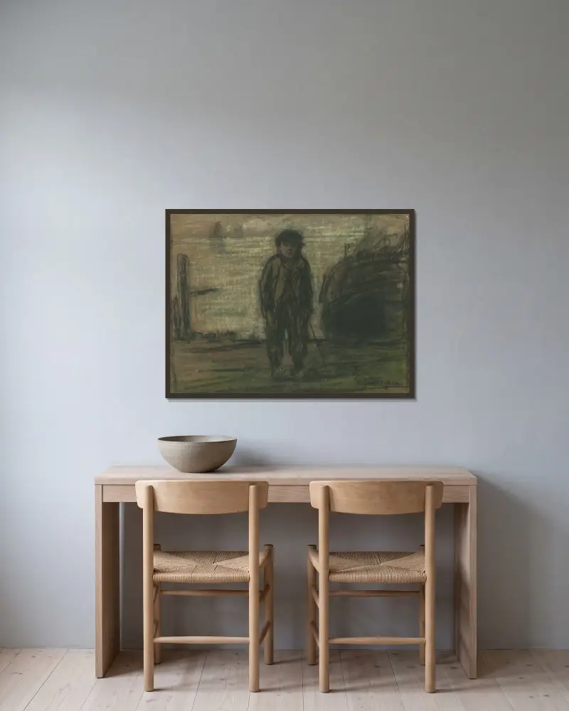 Junge mit Holzschuhen an der Schelde von Eugeen Van Mieghem gerahmt an einer Wand