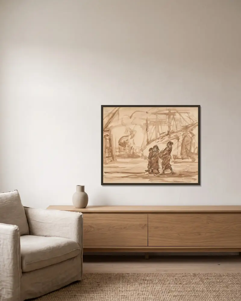 Barn vid en kaj av Eugeen Van Mieghem inramad på en vägg