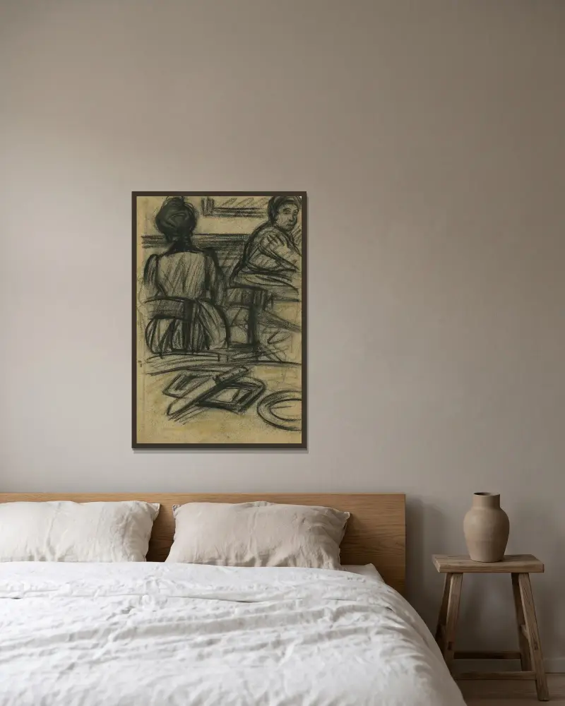 I förgrunden syns ett bord med en tallrik och en kniv av Eugeen Van Mieghem inramad på en vägg