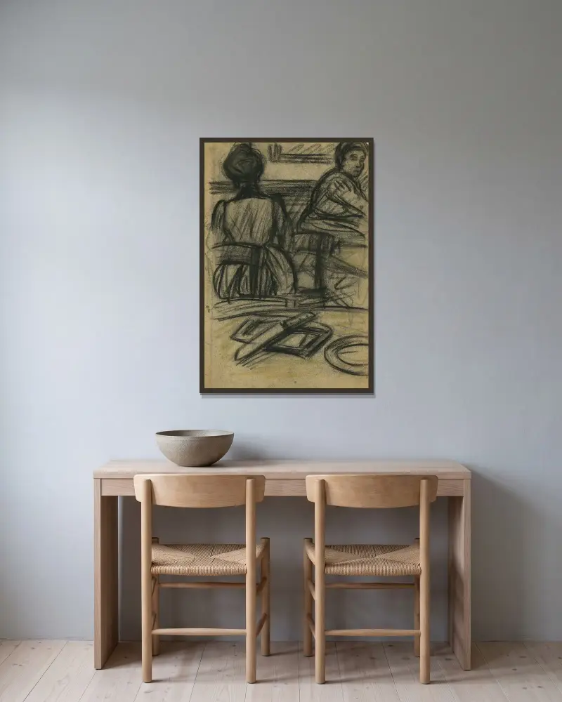 I förgrunden syns ett bord med en tallrik och en kniv av Eugeen Van Mieghem inramad på en vägg