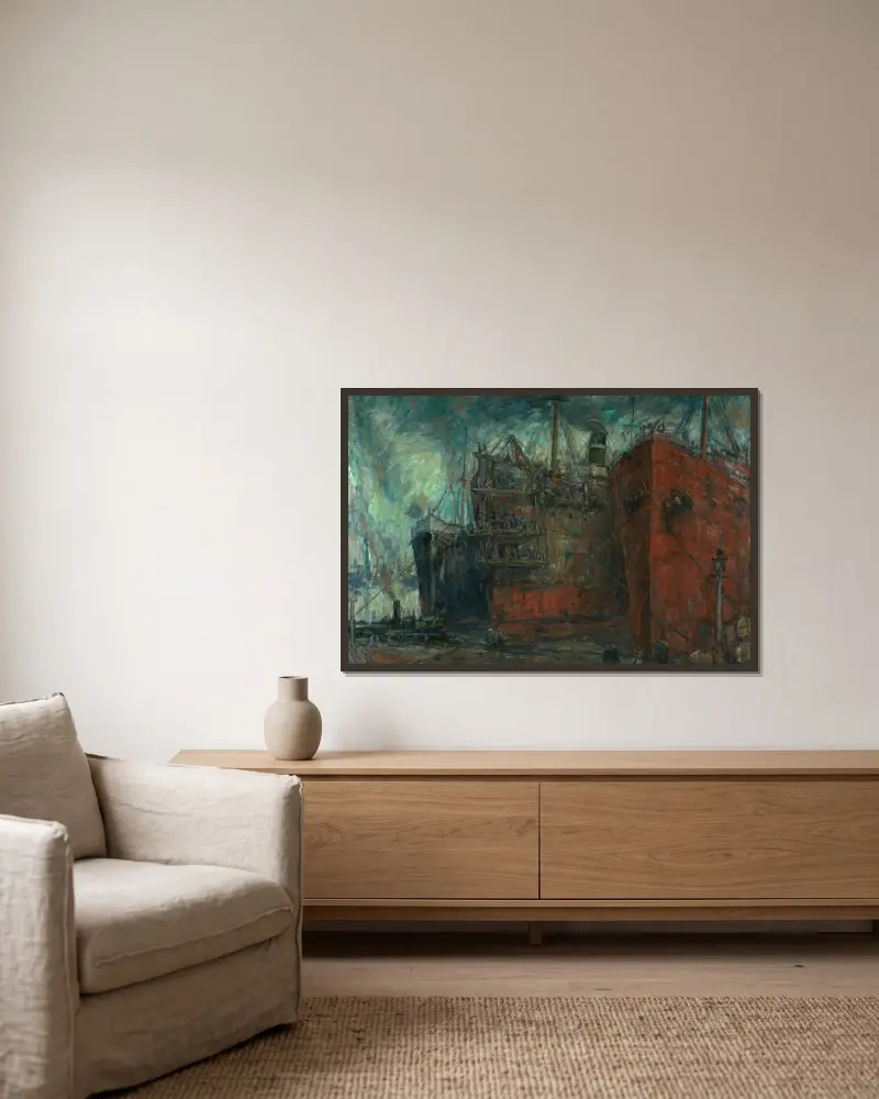 Beladene Schiffe im Hafen von Eugeen Van Mieghem gerahmt an einer Wand