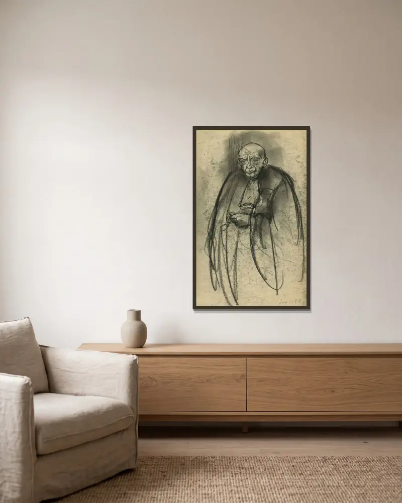 Porträt eines stehenden Mannes in Toga (Vorderansicht). Hände auf dem Bauch gefaltet von Eugeen Van Mieghem gerahmt an einer Wand