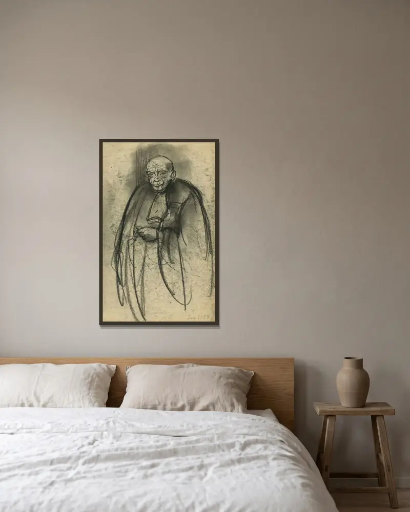Porträt eines stehenden Mannes in Toga (Vorderansicht). Hände auf dem Bauch gefaltet von Eugeen Van Mieghem gerahmt an einer Wand