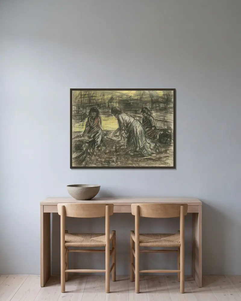 Sacknäherinnen bei der Arbeit, 1907 – Nr. 1 von Eugeen Van Mieghem gerahmt an einer Wand