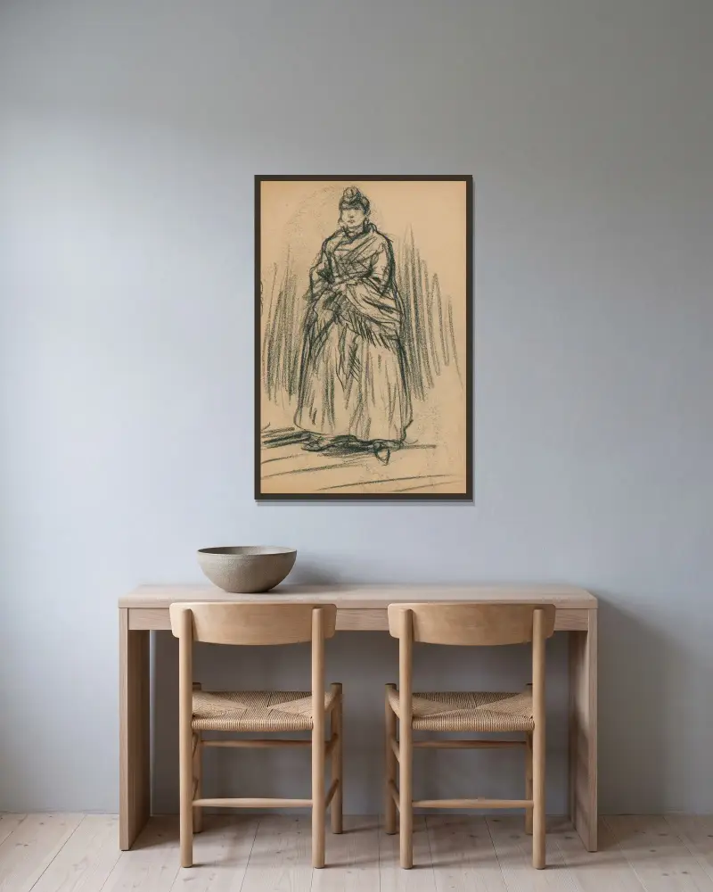Stående kvinna framifrån, med en halsduk draperad runt sig, med händerna bakom av Eugeen Van Mieghem inramad på en vägg