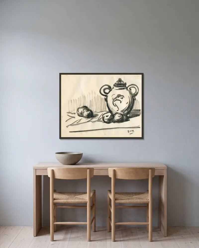 Stilleven met kruik en drie vruchten av Eugeen Van Mieghem inramad på en vägg