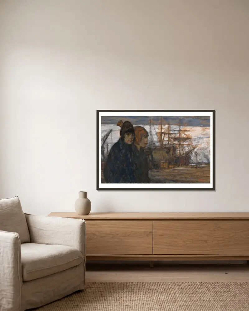 Frauen im Hafen von Eugeen Van Mieghem gerahmt an einer Wand