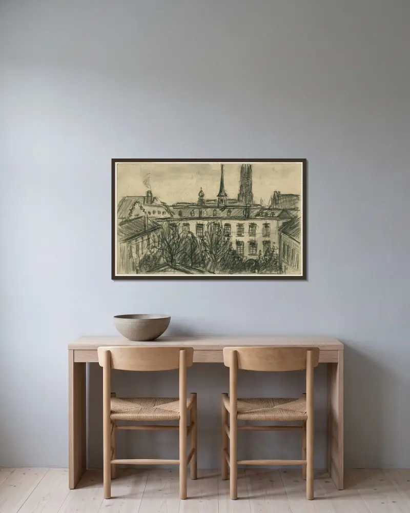 Utsikt mot baksidan av huset på Sint-Paulusstraat 30 i Antwerpen av Eugeen Van Mieghem inramad på en vägg