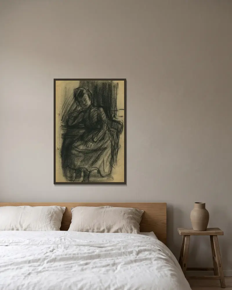Sittande flicka, huvudet lutat mot höger arm, stödd mot ett bord. Framifrån av Eugeen Van Mieghem inramad på en vägg