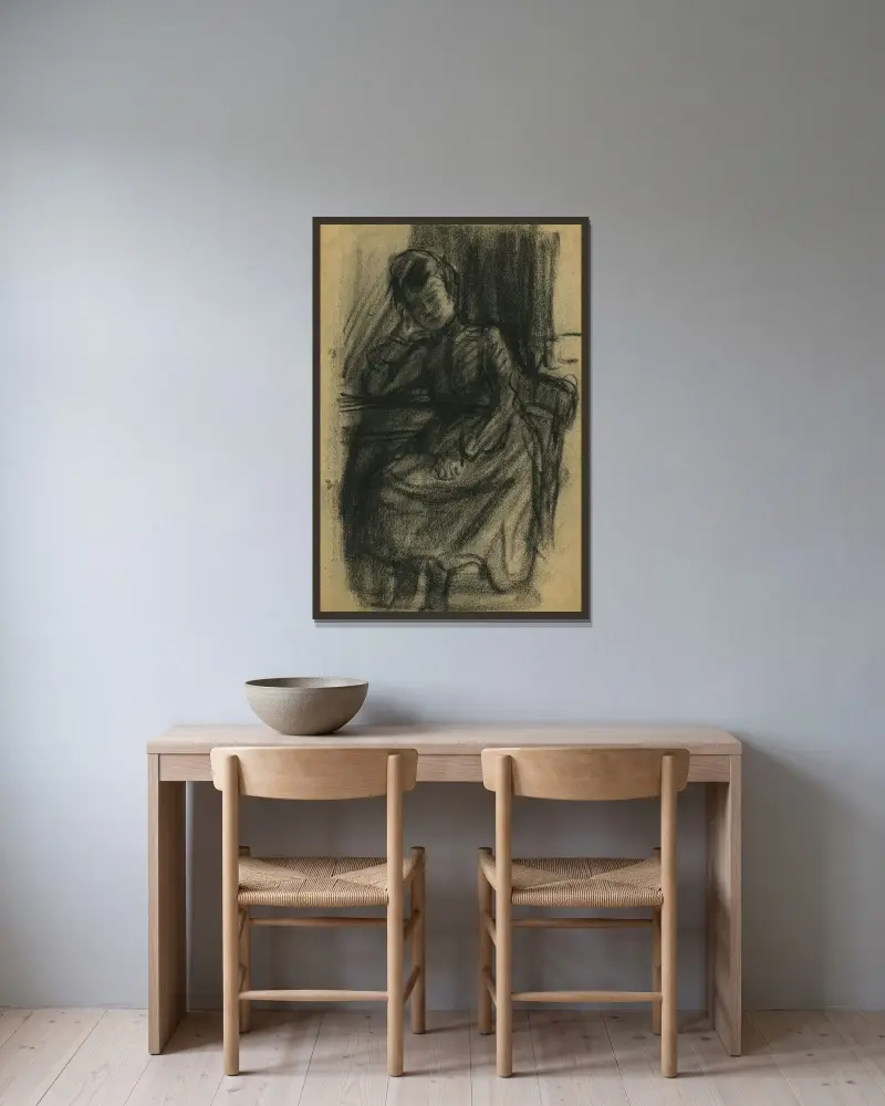 Sittande flicka, huvudet lutat mot höger arm, stödd mot ett bord. Framifrån av Eugeen Van Mieghem inramad på en vägg