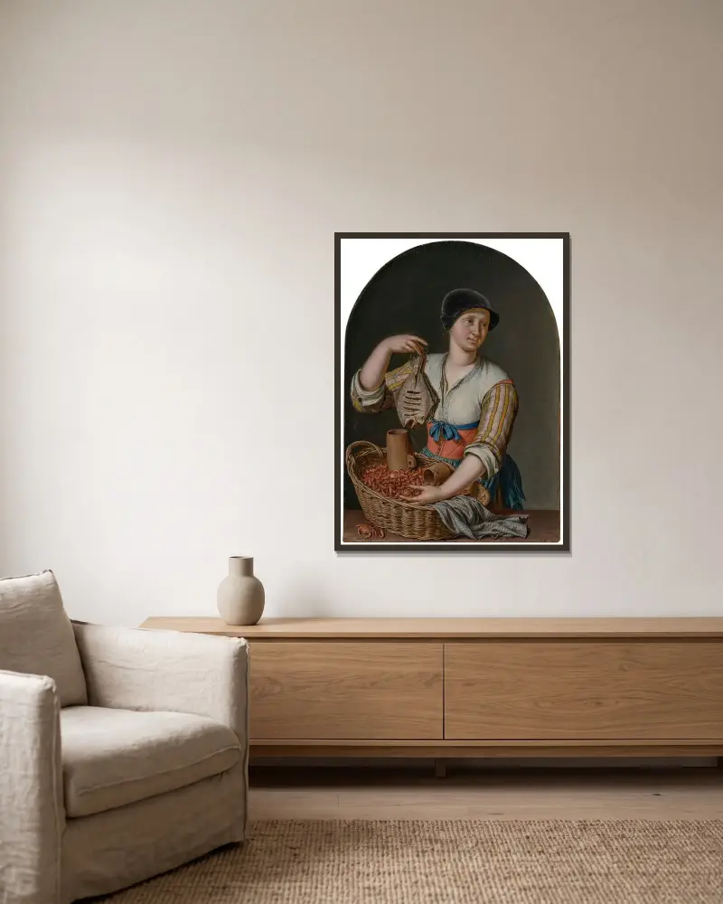 En kvinna som säljer fisk och räkor av Willem Van Mieris inramad på en vägg
