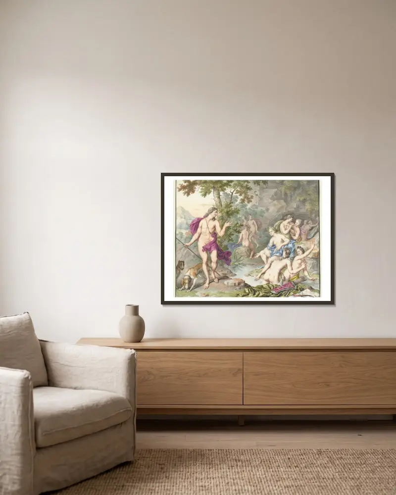 Actaeon verrast Diana en haar gezellinnen av Willem Van Mieris inramad på en vägg