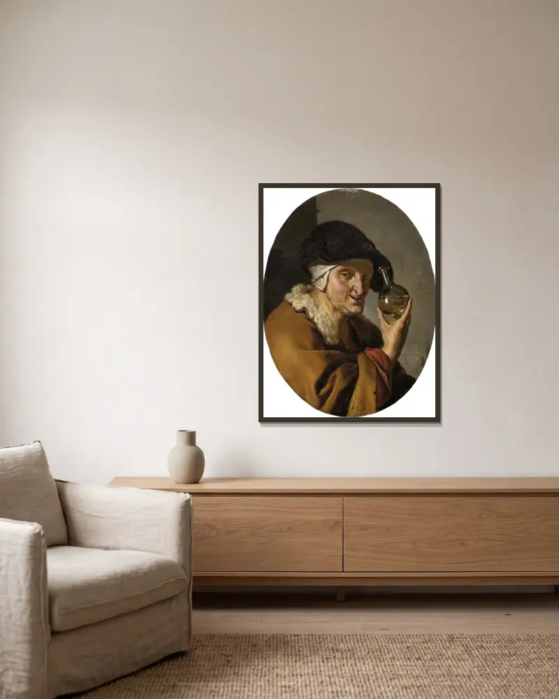 An Old Woman with Urine Glass; ‘The Quack’ av Willem Van Mieris inramad på en vägg