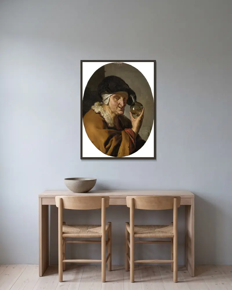 An Old Woman with Urine Glass; ‘The Quack’ av Willem Van Mieris inramad på en vägg