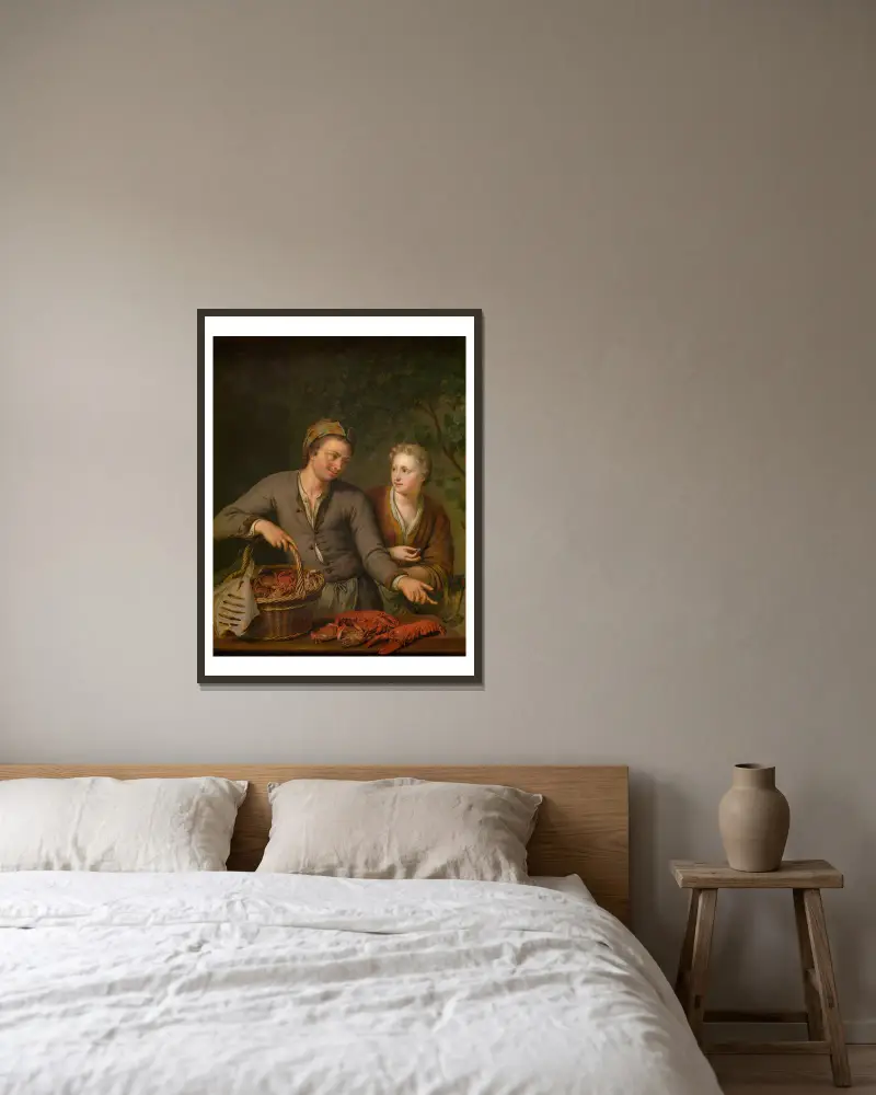 Der Fischhändler von Willem Van Mieris gerahmt an einer Wand