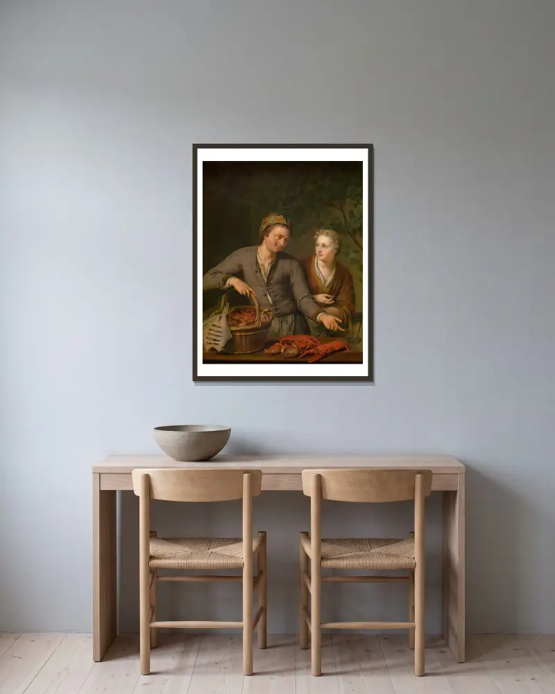 Der Fischhändler von Willem Van Mieris gerahmt an einer Wand