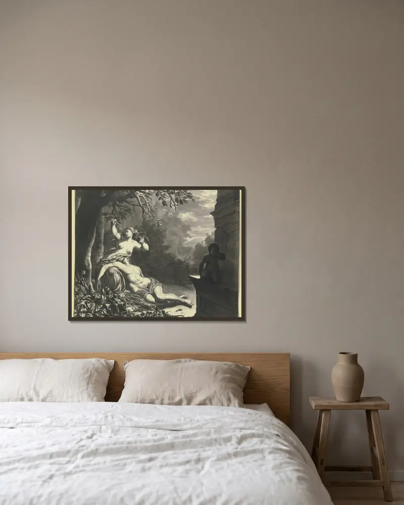 Pyramus und Thisbe von Willem Van Mieris gerahmt an einer Wand