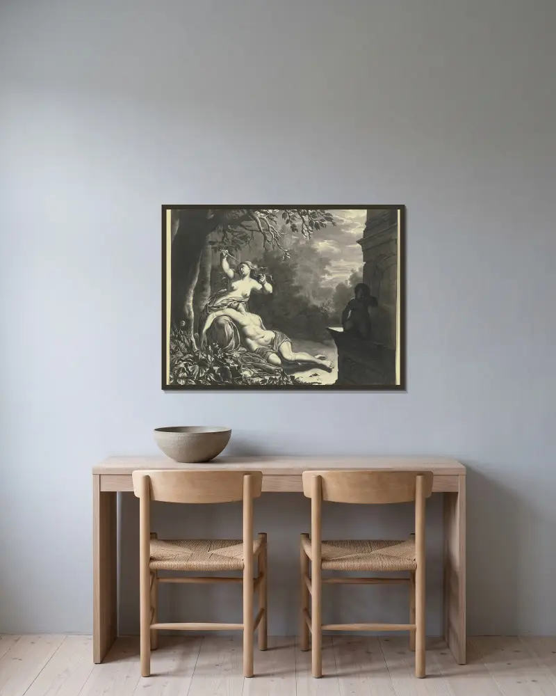 Pyramus und Thisbe von Willem Van Mieris gerahmt an einer Wand