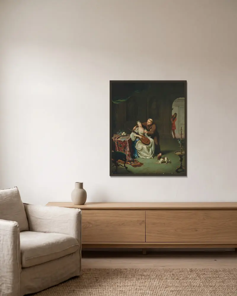 Tartuffe i Elmira zaskoczeni przez Damisa, syna Orgona, Willem Van Mieris w ramie na ścianie