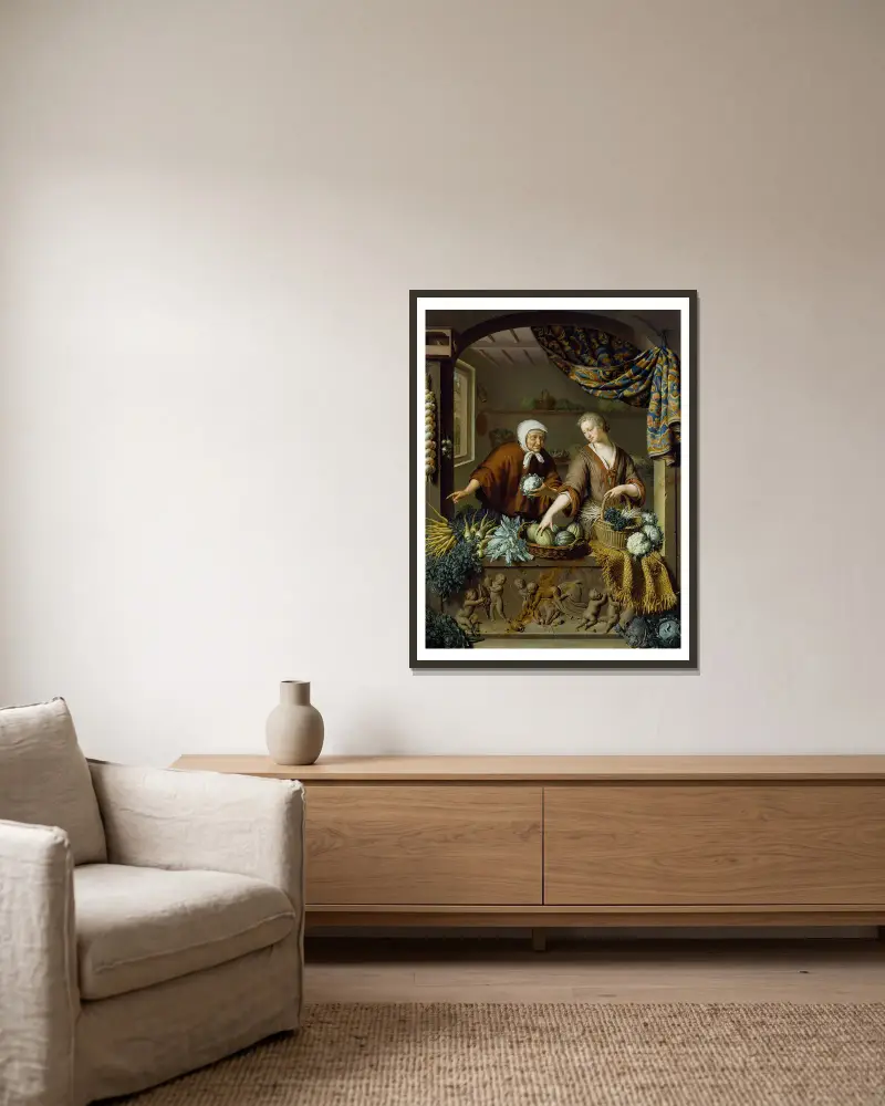 Der Gemüsehändler von Willem Van Mieris gerahmt an einer Wand