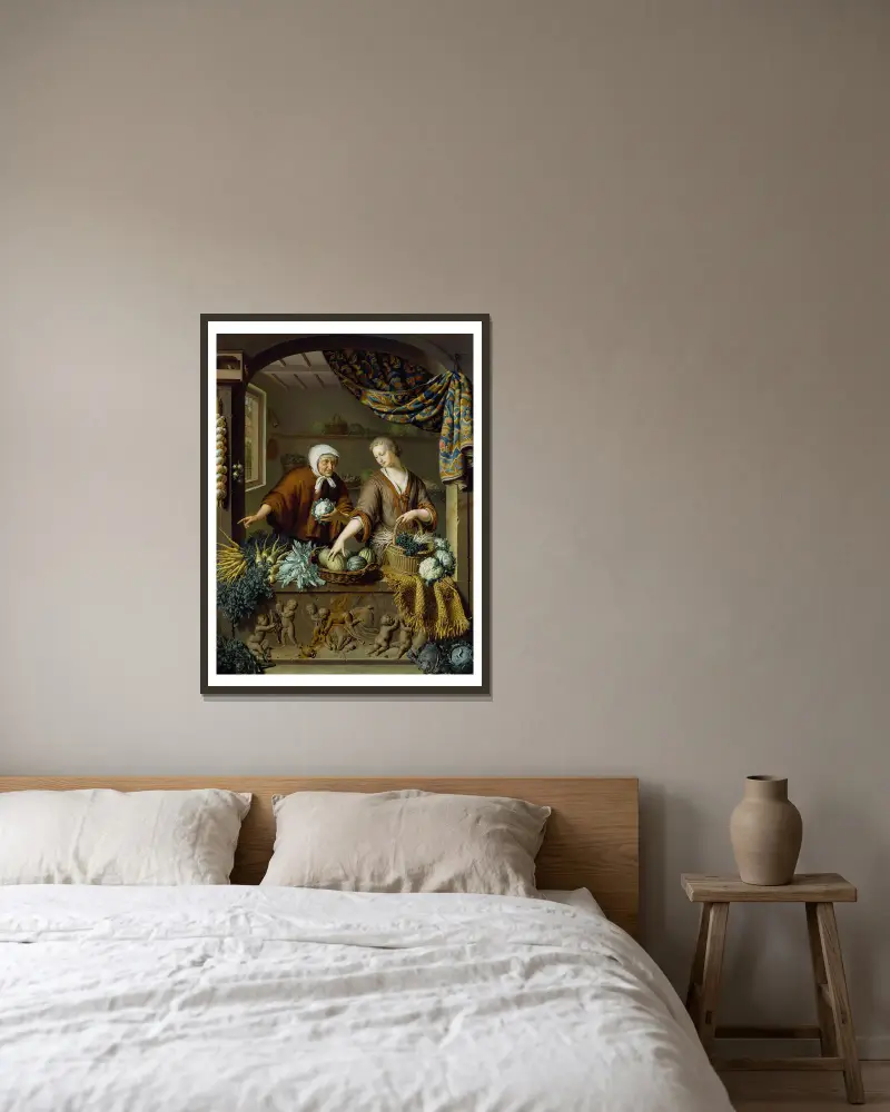 Der Gemüsehändler von Willem Van Mieris gerahmt an einer Wand
