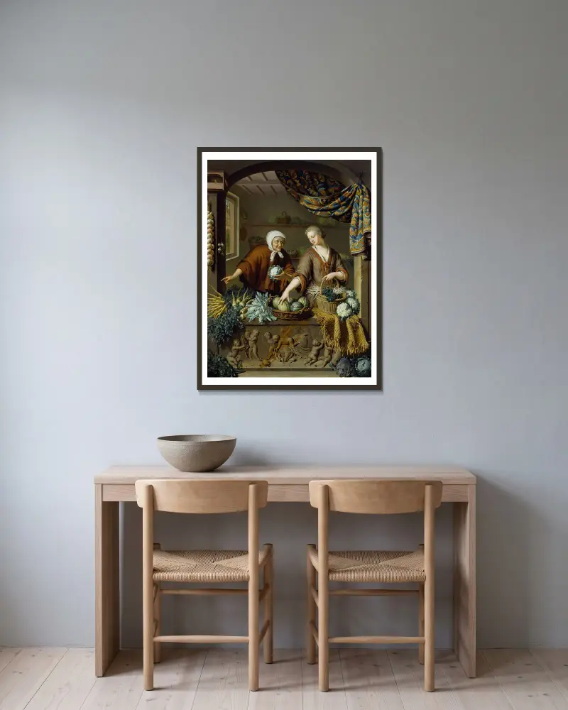 Der Gemüsehändler von Willem Van Mieris gerahmt an einer Wand