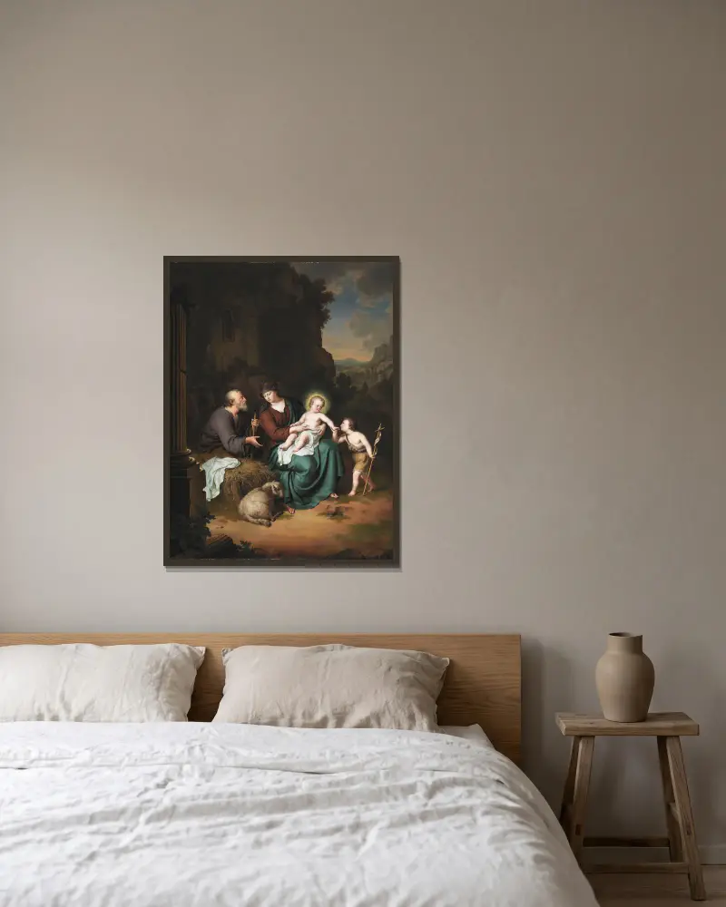 The Holy Family and Saint John the Baptist av Willem Van Mieris inramad på en vägg