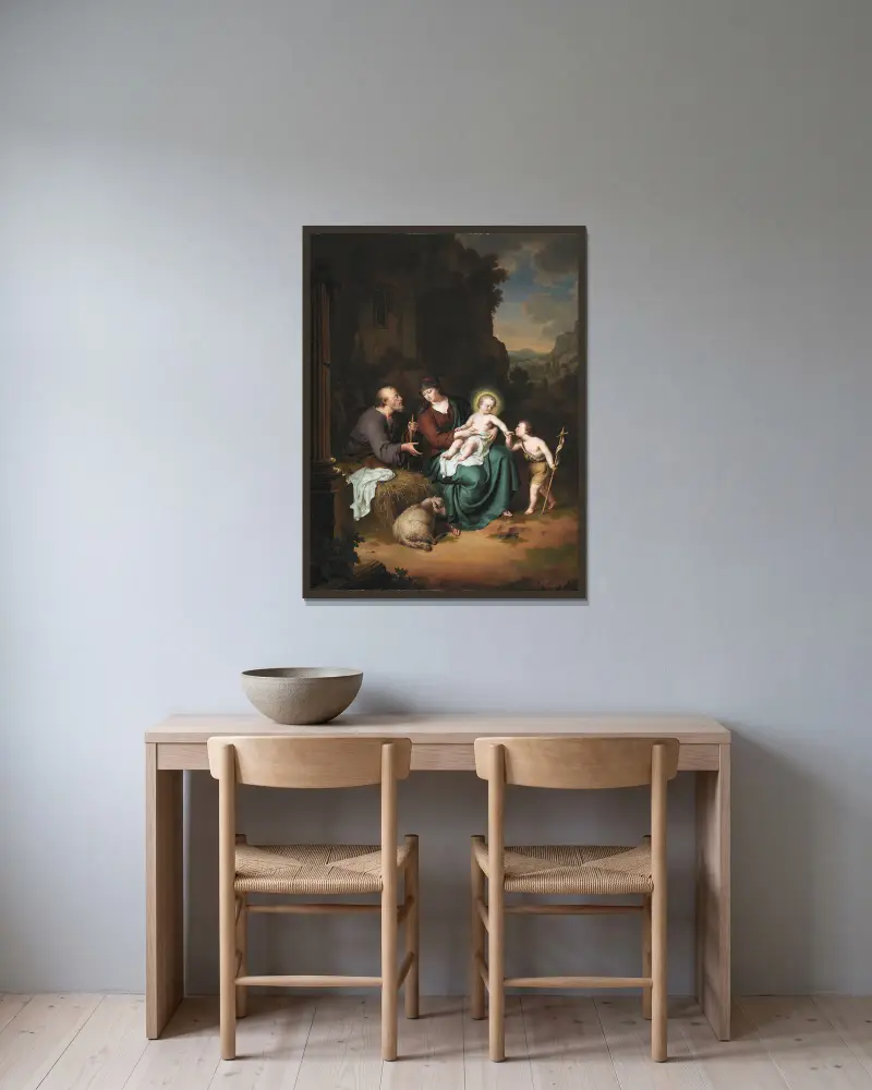 The Holy Family and Saint John the Baptist av Willem Van Mieris inramad på en vägg