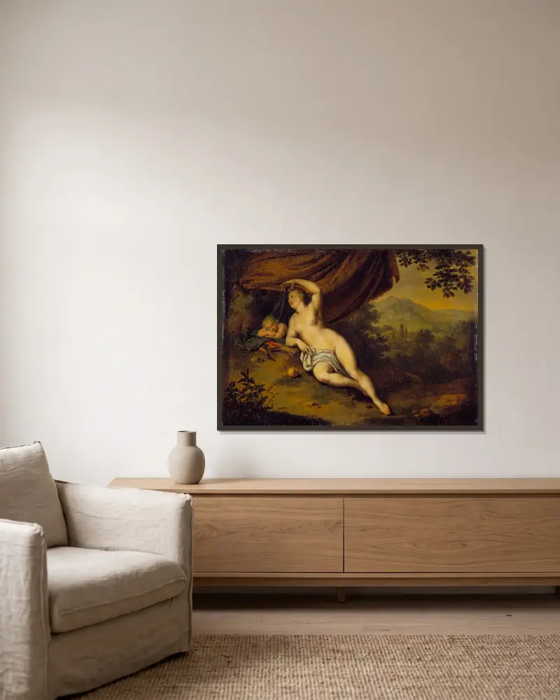 Venus und Amor von Willem Van Mieris gerahmt an einer Wand