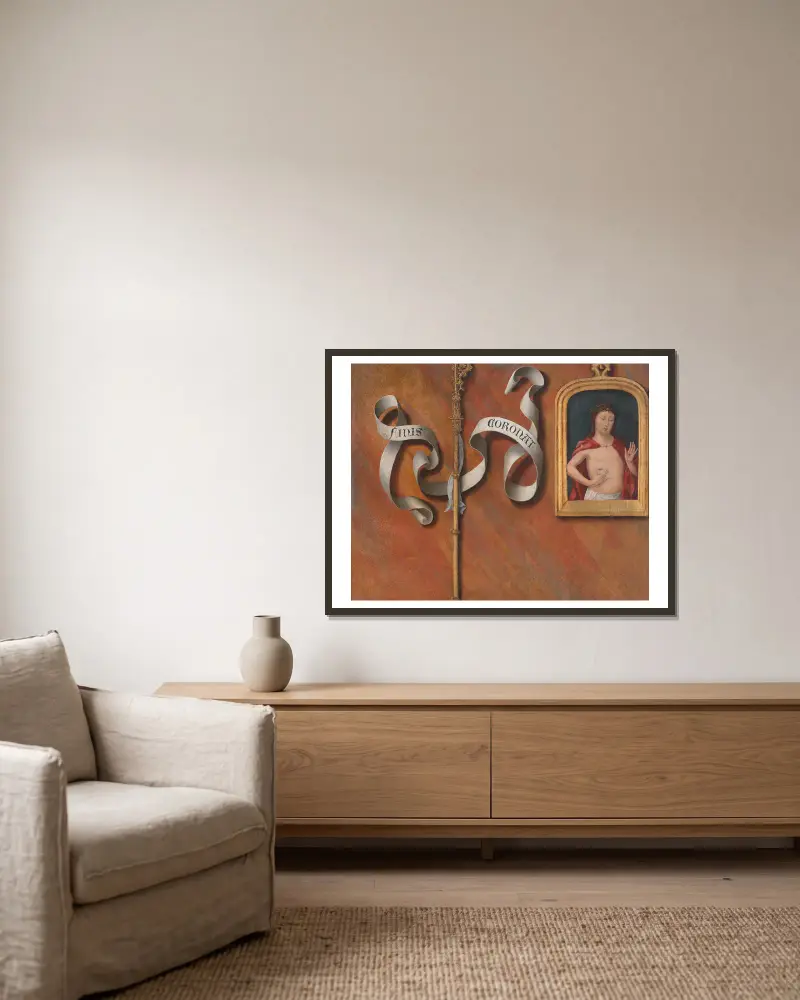 Trompe-l’oeil with Painting of The Man of Sorrows av Bernard van Orley inramad på en vägg