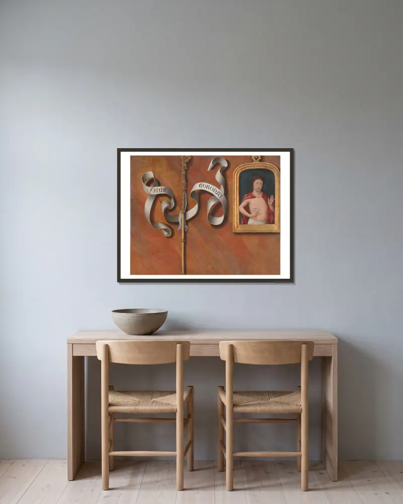 Trompe-l’oeil with Painting of The Man of Sorrows av Bernard van Orley inramad på en vägg