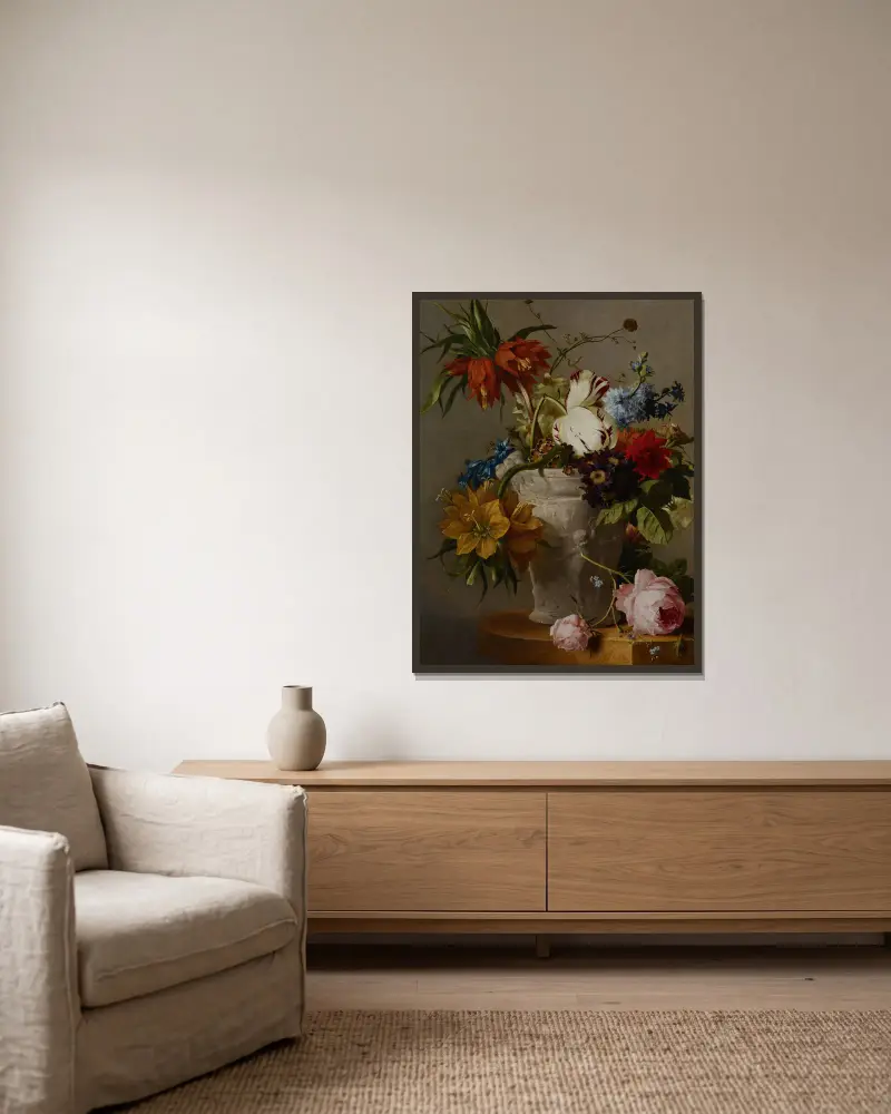 Ein Blumenarrangement von Georgius Jacobus Johannes van Os gerahmt an einer Wand