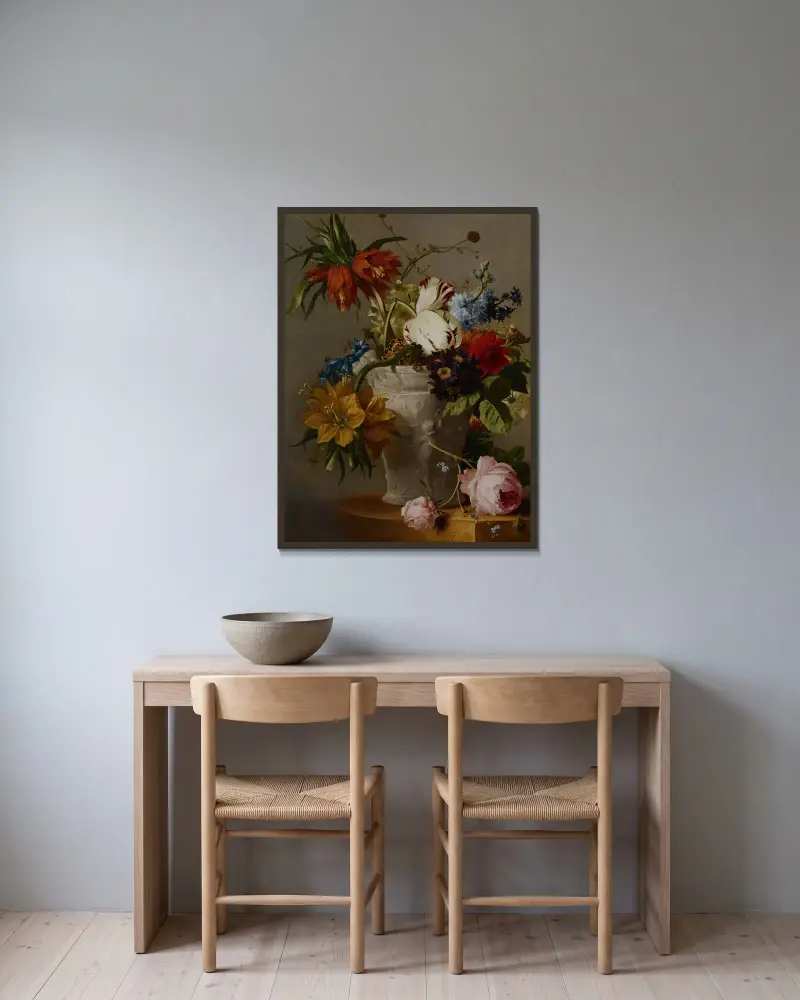 Ein Blumenarrangement von Georgius Jacobus Johannes van Os gerahmt an einer Wand