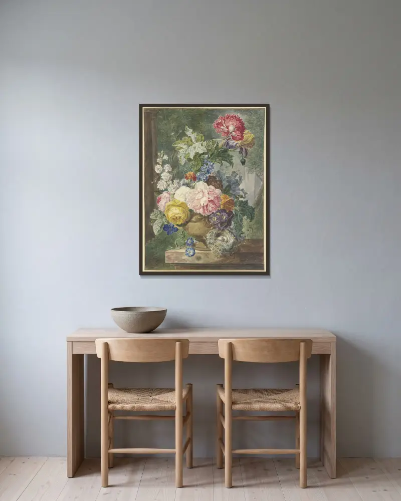 Blumenstrauß In Einer Vase, Dabei Ein Vogelnest av Georgius Jacobus Johannes van Os inramad på en vägg
