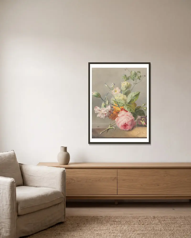 Blumenstillleben, 1800 von Georgius Jacobus Johannes van Os gerahmt an einer Wand
