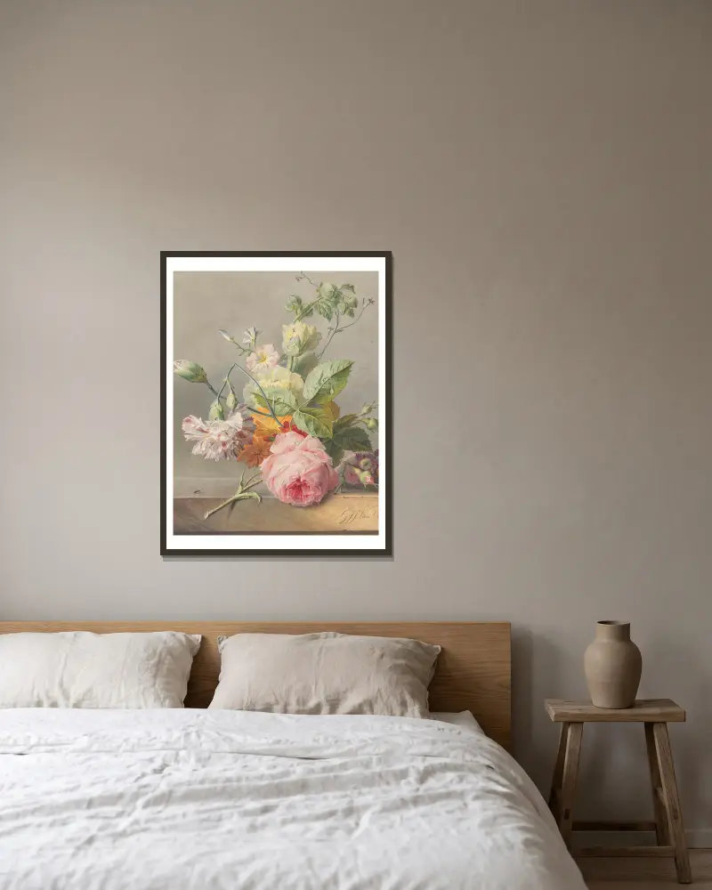 Blumenstillleben, 1800 von Georgius Jacobus Johannes van Os gerahmt an einer Wand