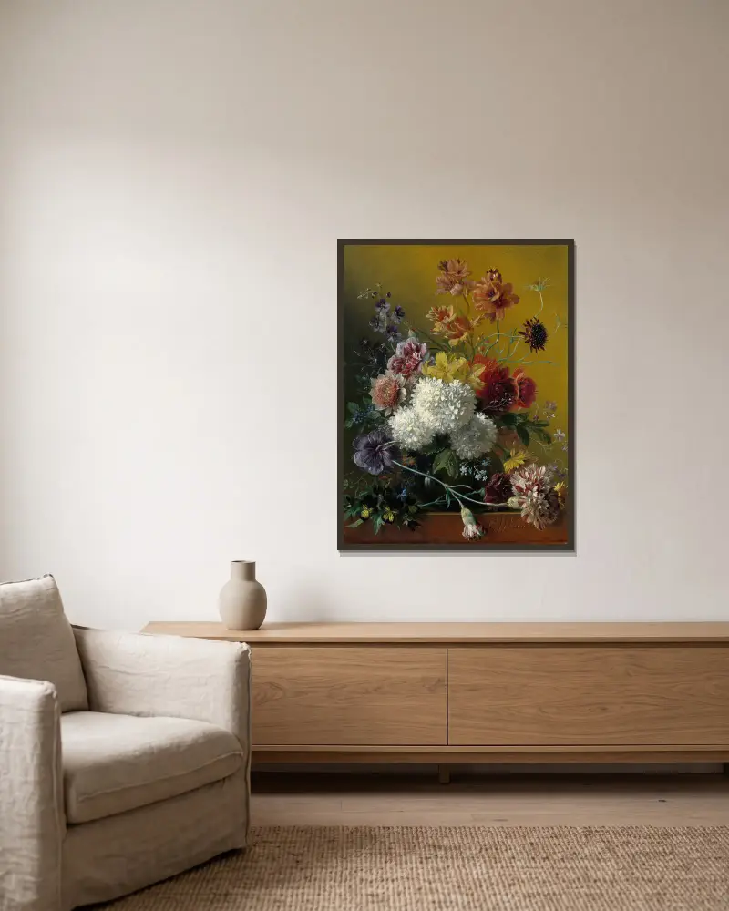 Stillleben mit Blumen von Georgius Jacobus Johannes van Os gerahmt an einer Wand
