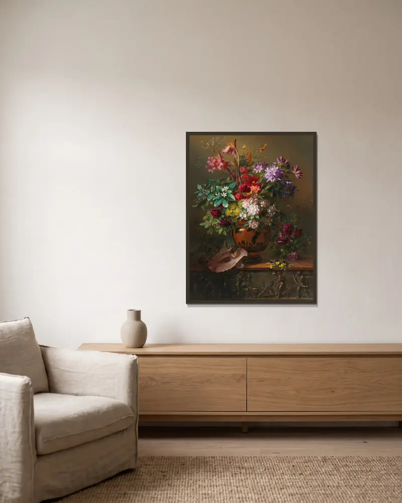 Stilleven met bloemen in een Griekse vaas; allegorie op de lente av Georgius Jacobus Johannes van Os inramad på en vägg