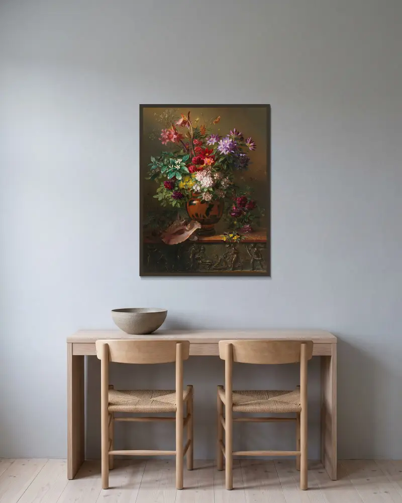 Stilleven met bloemen in een Griekse vaas; allegorie op de lente av Georgius Jacobus Johannes van Os inramad på en vägg