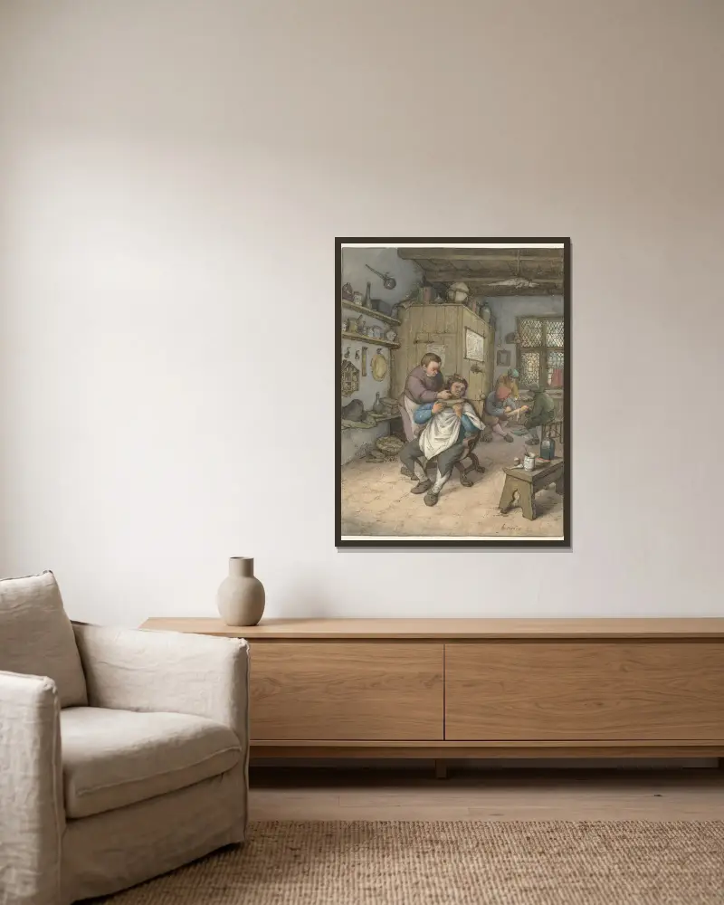 Eine Barbierstube von Adriaen van Ostade gerahmt an einer Wand
