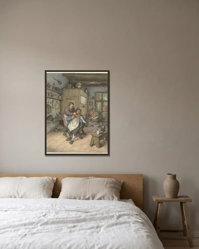 Eine Barbierstube von Adriaen van Ostade gerahmt an einer Wand