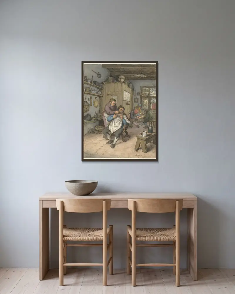 Eine Barbierstube von Adriaen van Ostade gerahmt an einer Wand