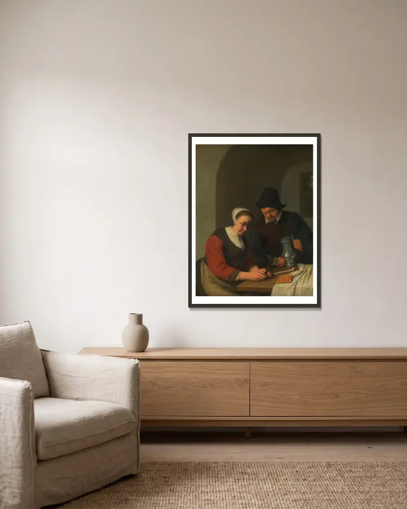 Ein vertrauliches Gespräch von Adriaen van Ostade gerahmt an einer Wand