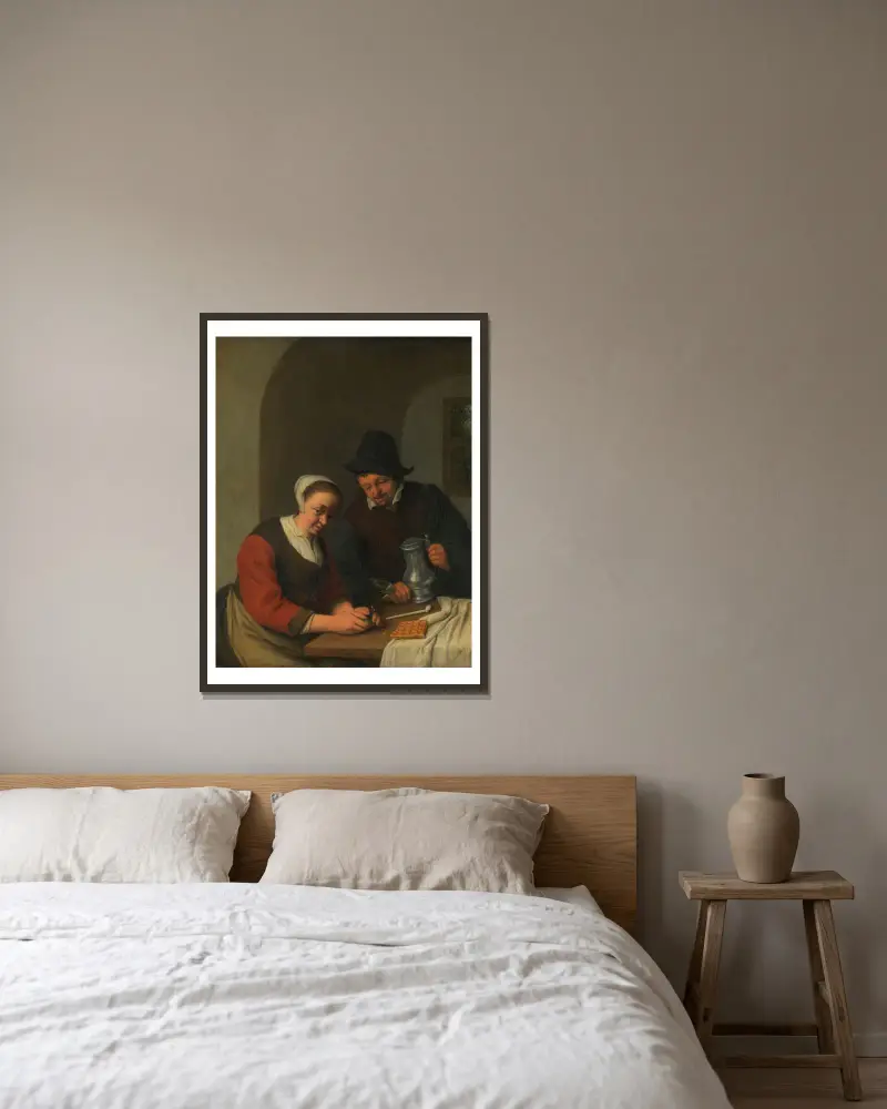 Ein vertrauliches Gespräch von Adriaen van Ostade gerahmt an einer Wand