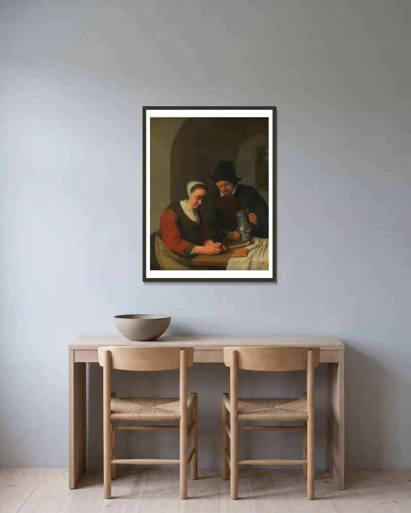 Ein vertrauliches Gespräch von Adriaen van Ostade gerahmt an einer Wand